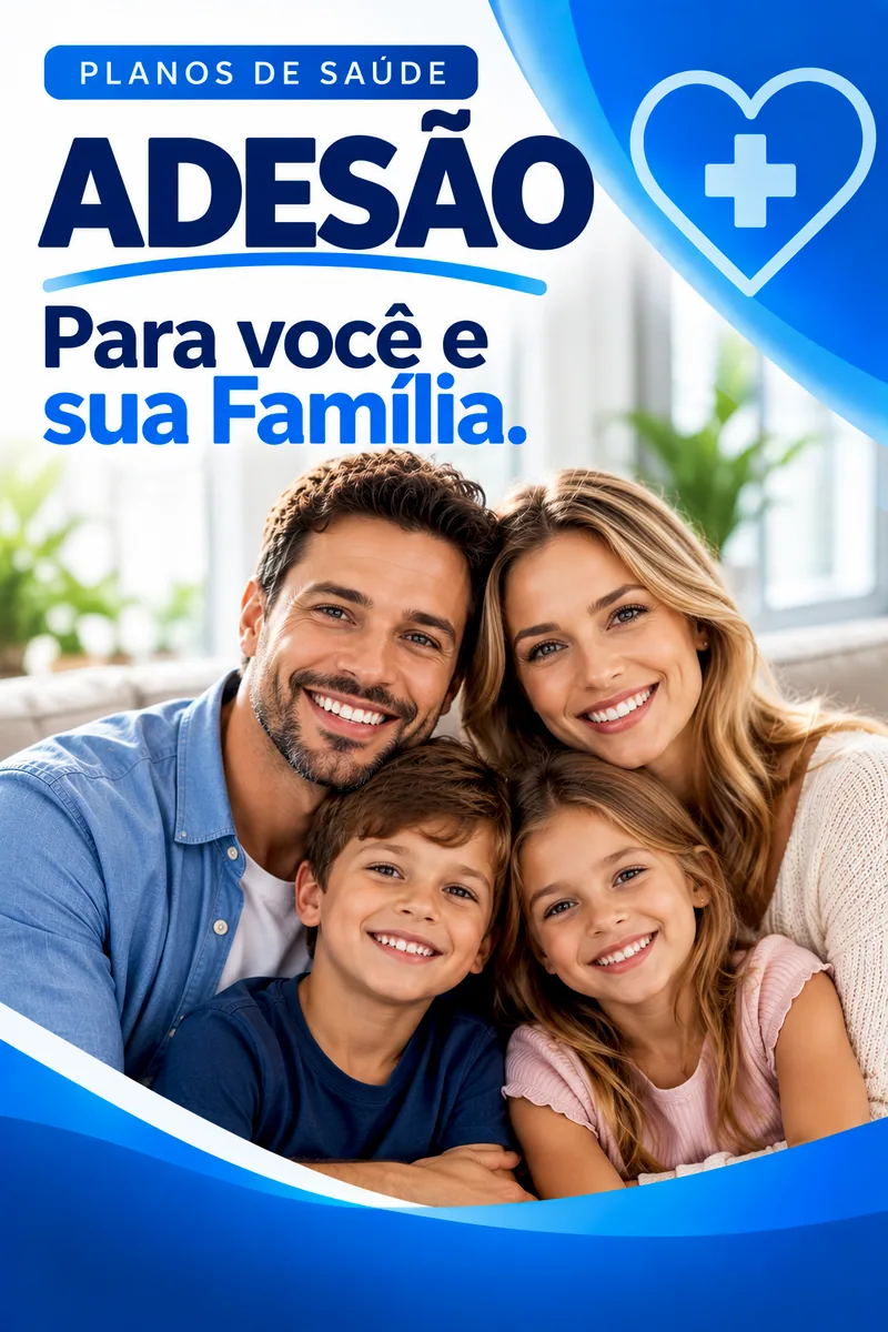 Arte Planos de Saúde Adesão, para você e sua família: pai, mãe e dois filhos sorrindo no sofá