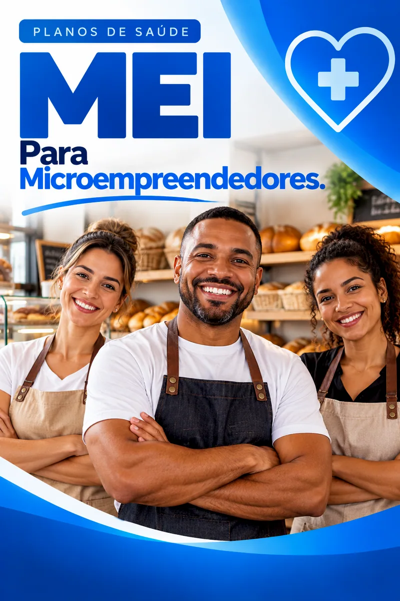 Arte Planos de Saúde MEI, para microempreendedores: três sorridentes de avental numa padaria